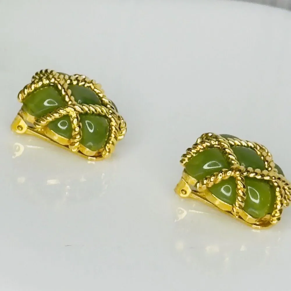 Vintage KJL Kenneth J Lane Earrings Gold Rope Quilted Green Lucite Clip On 1133 - Picture 5 of 15